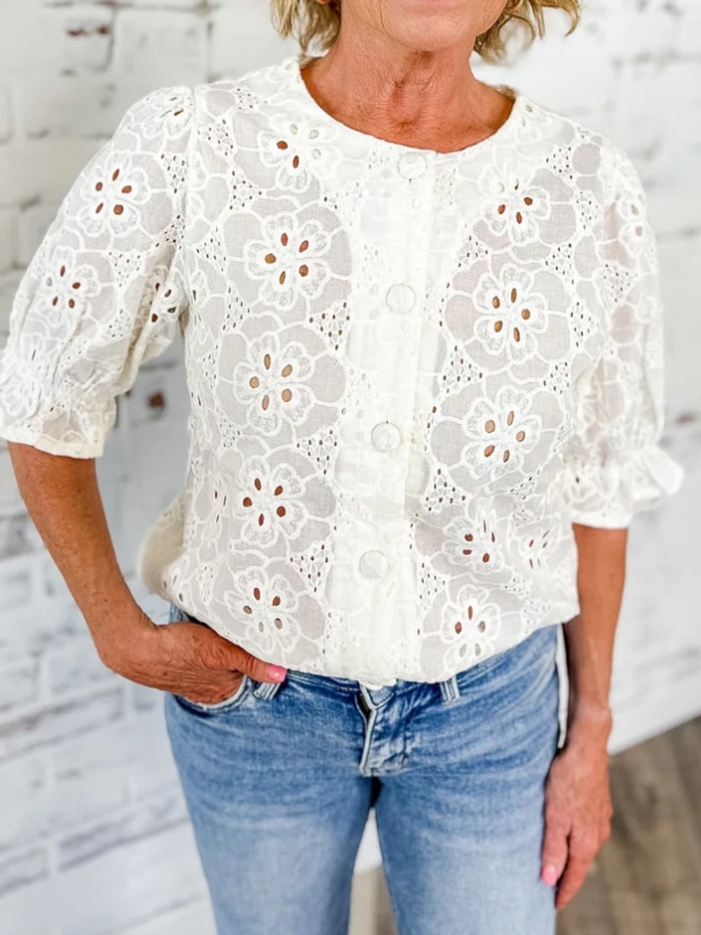 Women's White Eyelet Crochet Button-Front Blouse